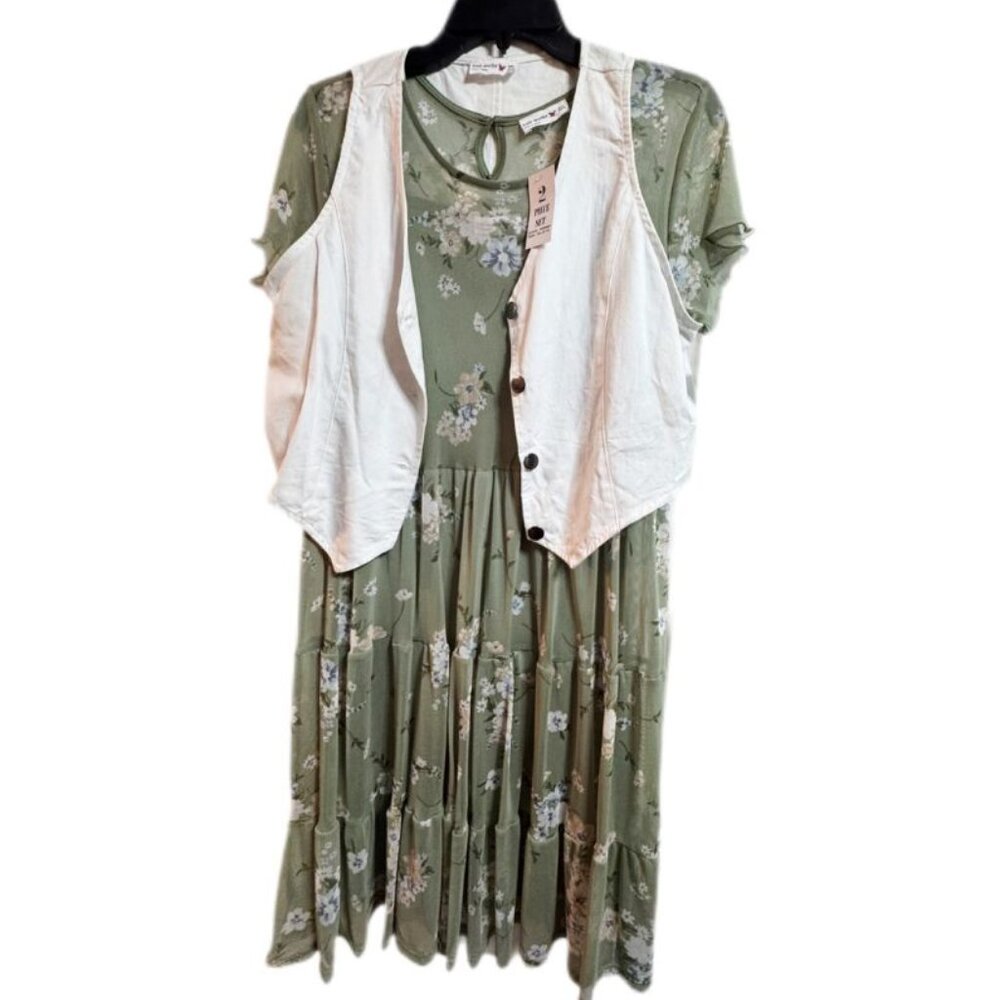 💥🚀💥 KnitWorks Girls Floral 22 Plus NWT Fits Juniors M Sage Boho Dress - Picture 4 of 6